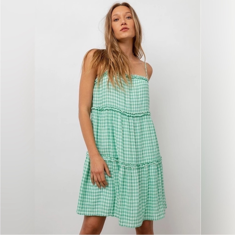 Rails Ari Green Plaid Linen Blend Gingham Mini Tiered Tie Straps Cute Dress XS